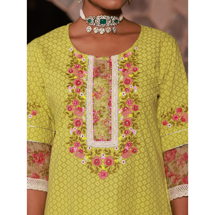 Juniper The Madhubala Green Floral Print & Lacy Pure Cotton Kurta&Palazzo Set (Set of 3)