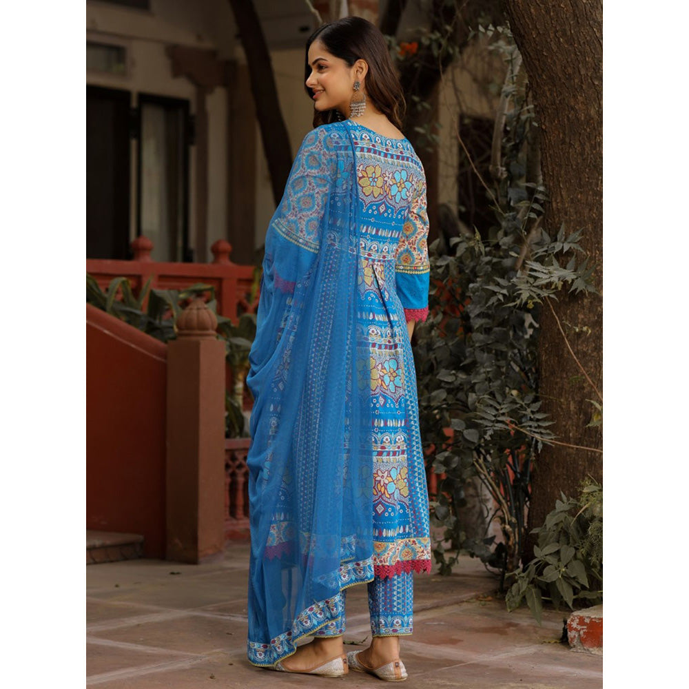 Juniper Sujani Blue Cotton & Net Floral Printed & Embroidered Panelled Kurta (Set of 3)