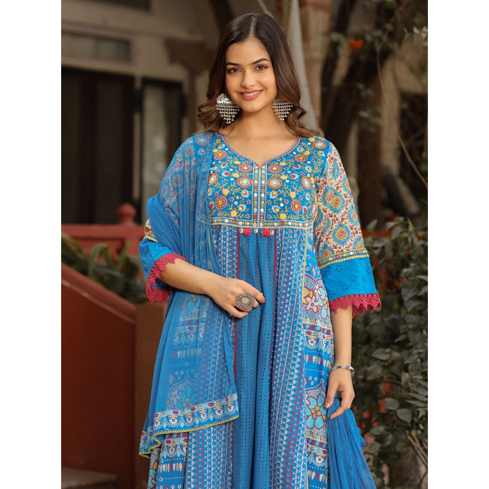 Juniper Sujani Blue Cotton & Net Floral Printed & Embroidered Panelled Kurta (Set of 3)
