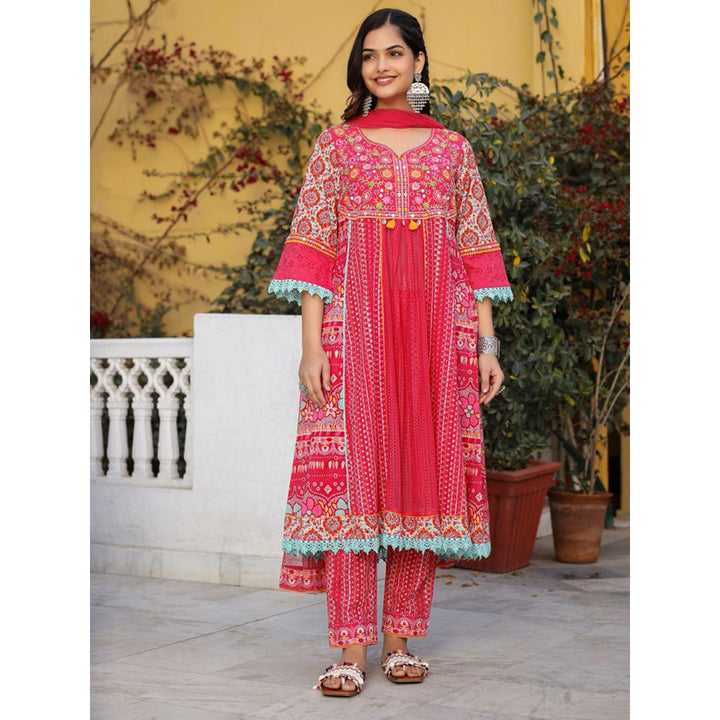 Juniper Sujani Pink Cotton & Net Floral Printed & Embroidered Panelled Kurta(Set of 3)