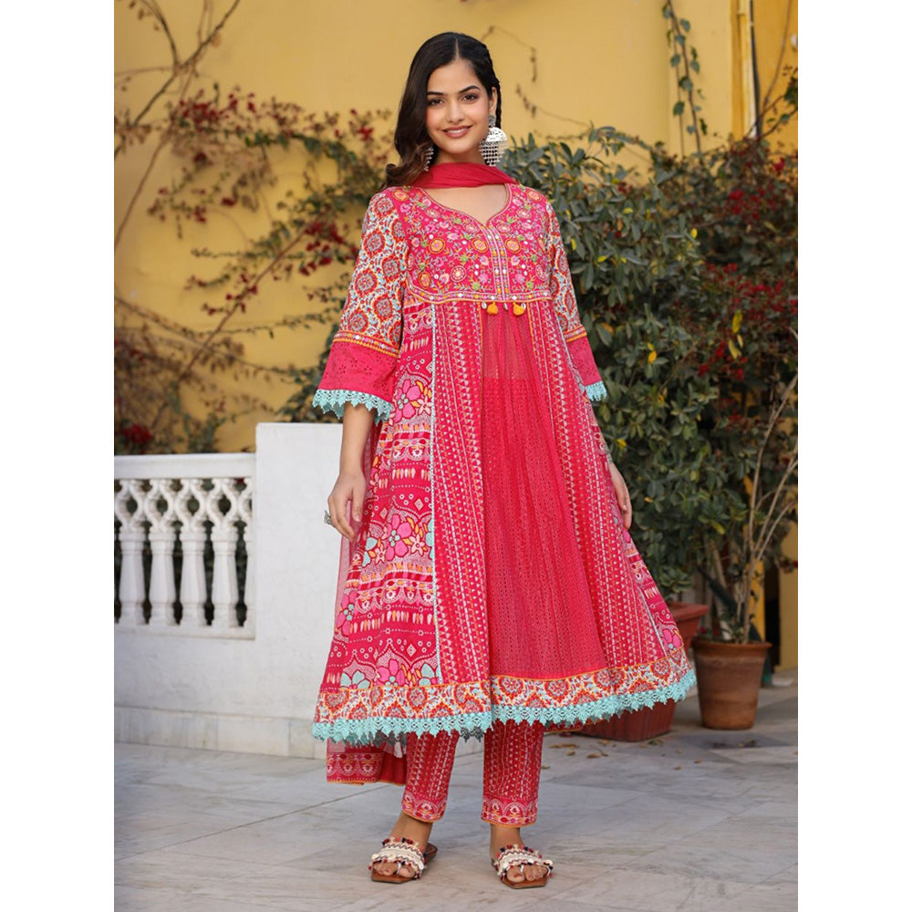 Juniper Sujani Pink Cotton & Net Floral Printed & Embroidered Panelled Kurta(Set of 3)