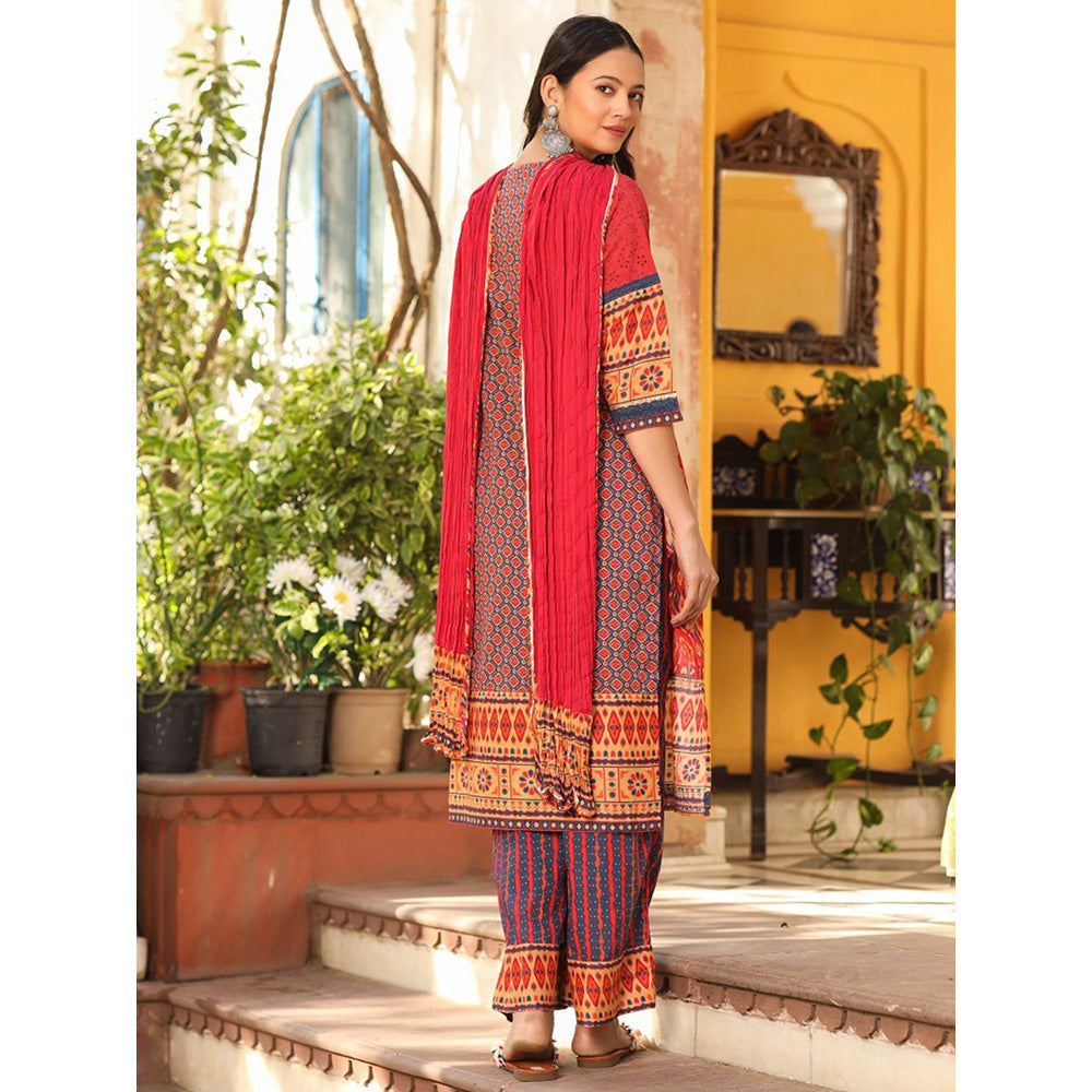 Juniper Rust Cotton Ikat Printed Kurta With Pants And Dupatta Set With Embroidery (Set of 3)