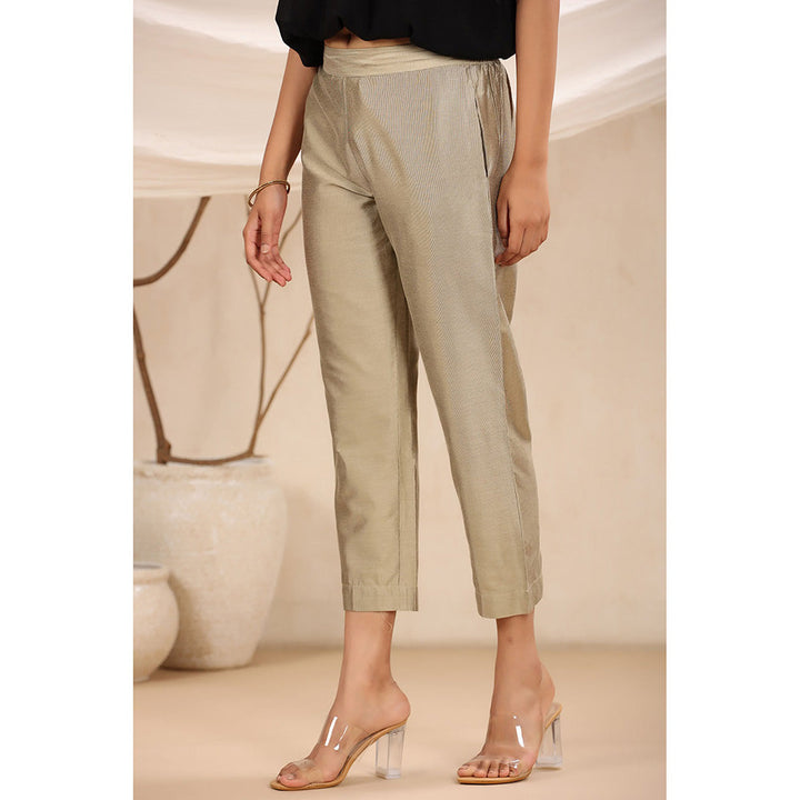 Juniper Beige Solid Silk Slim Fit Pants with a Pocket