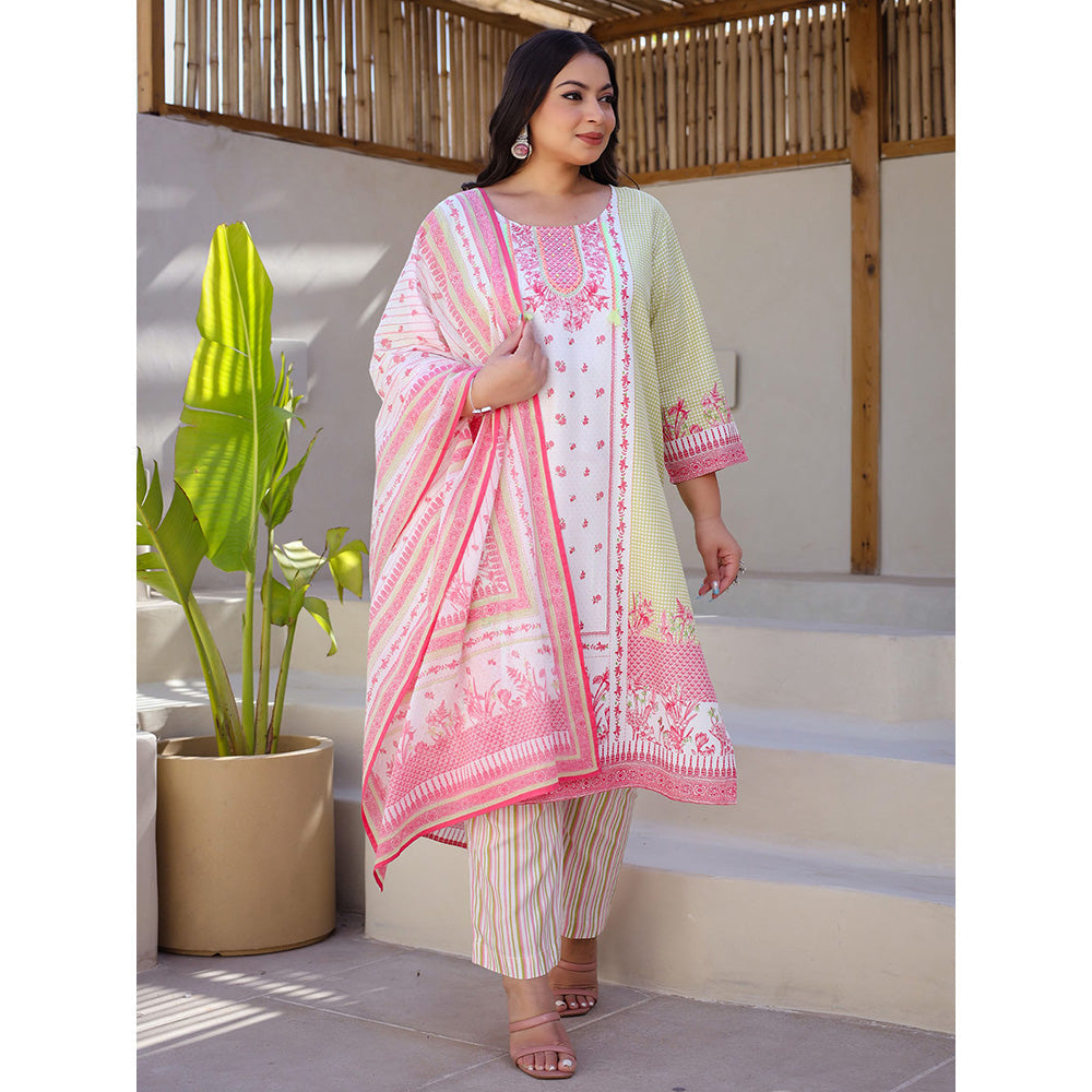 Juniper Green Floral Printed & Stripped Rayon Plus Size Kurta with Pant and Dupatta (Set of 3)