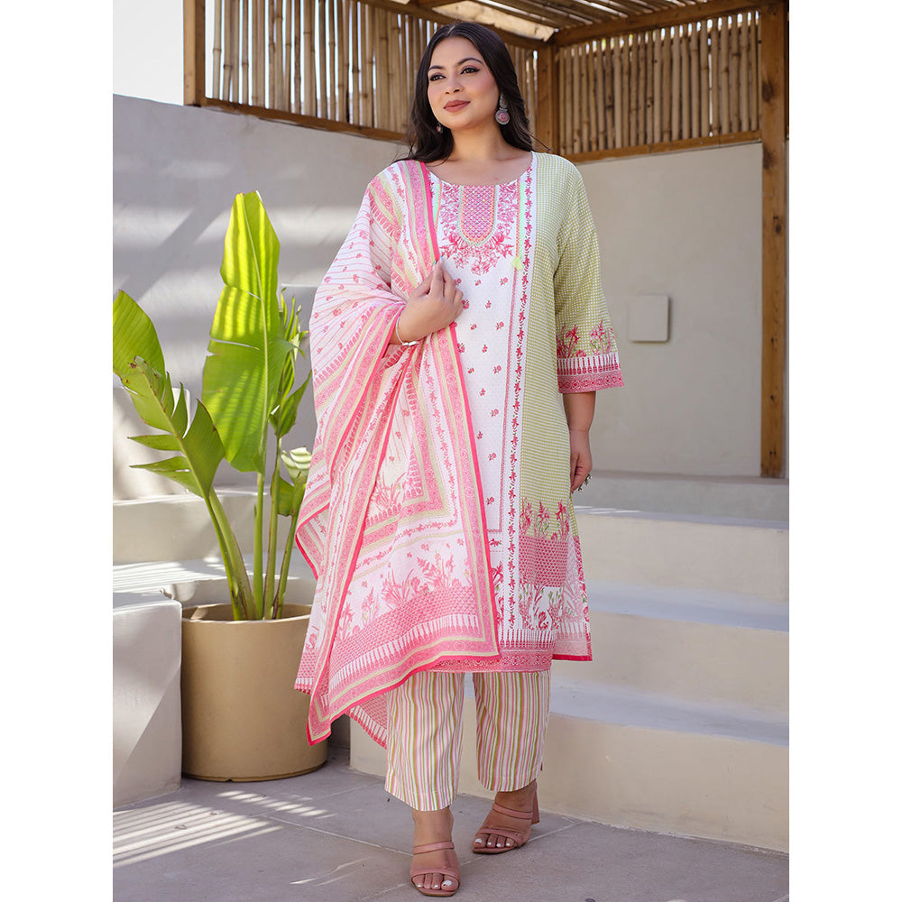 Juniper Green Floral Printed & Stripped Rayon Plus Size Kurta with Pant and Dupatta (Set of 3)