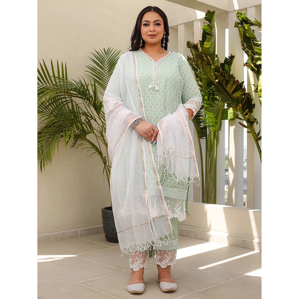 Juniper The Rooh Mint Ethnic Printed Pure Plus Size Kurta and Palazzo with Dupatta (Set of 3)