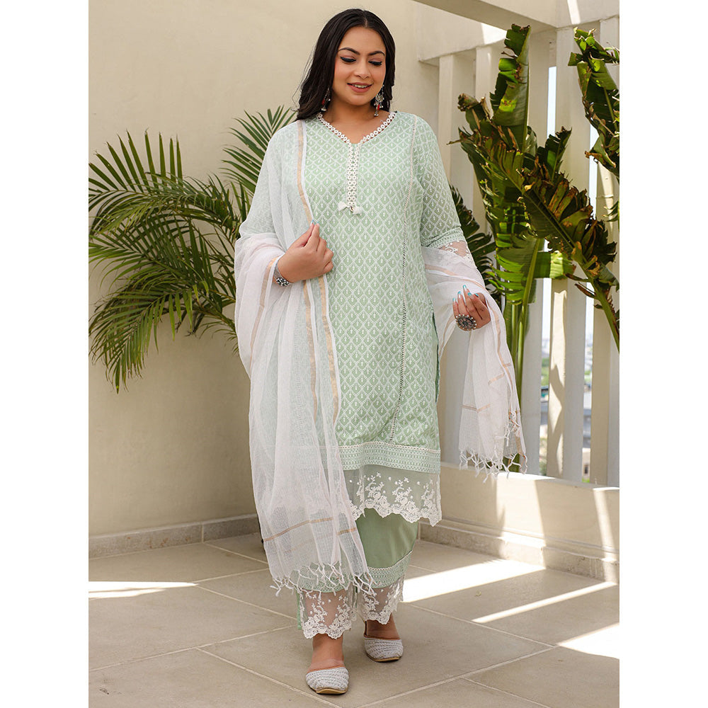 Juniper The Rooh Mint Ethnic Printed Pure Plus Size Kurta and Palazzo with Dupatta (Set of 3)