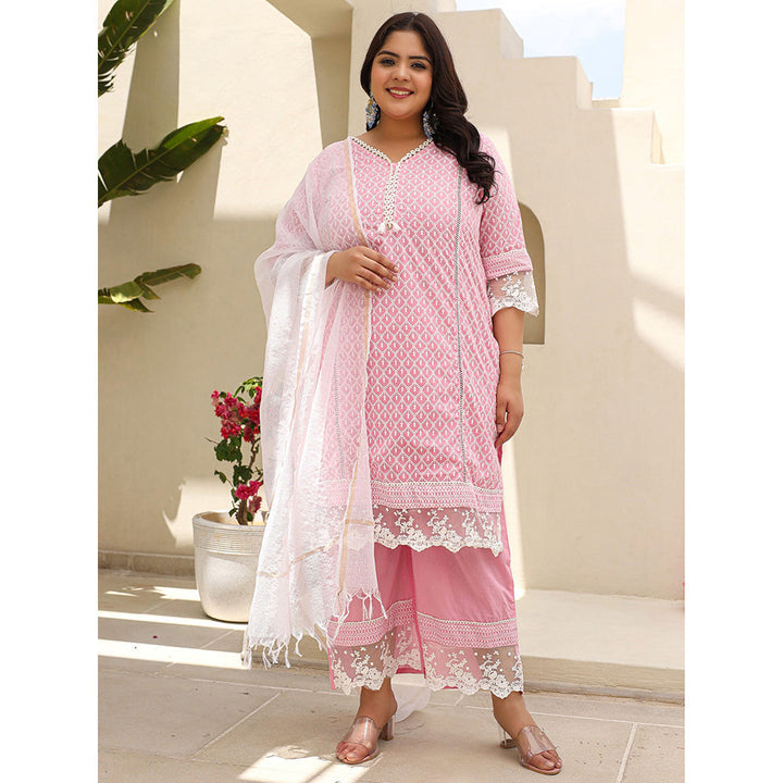 Juniper The Rooh Pink Ethnic Printed Pure Plus Size Kurta and Palazzo with Dupatta (Set of 3)