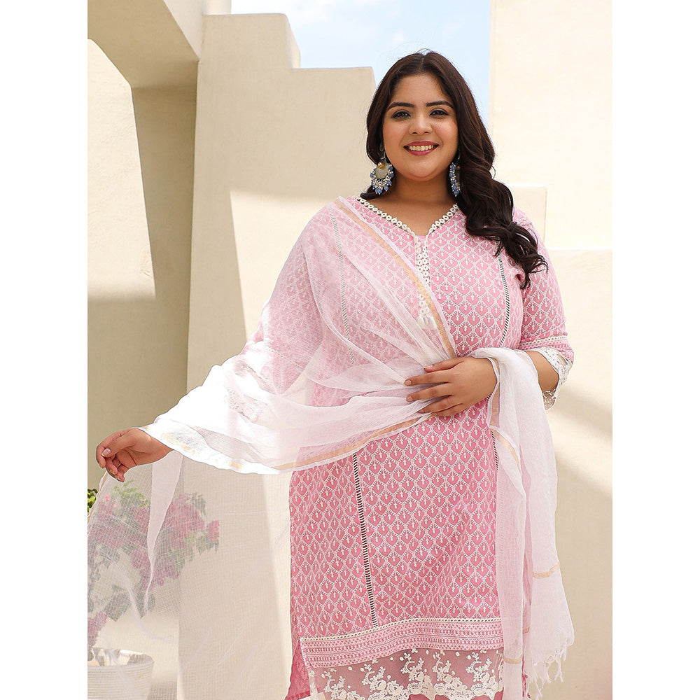 Juniper The Rooh Pink Ethnic Printed Pure Plus Size Kurta and Palazzo with Dupatta (Set of 3)