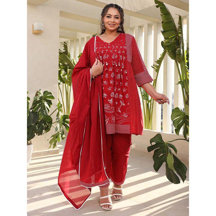 Juniper Women Red Ethnic Motif Printed A-Line Plus Size Kurta and Pant with Dupatta (Set of 3)
