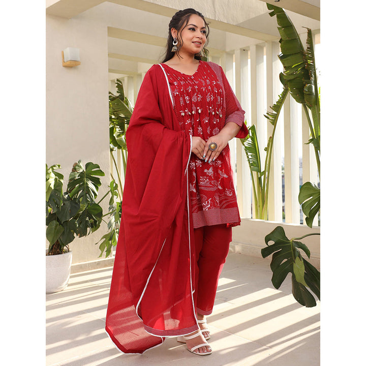 Juniper Women Red Ethnic Motif Printed A-Line Plus Size Kurta and Pant with Dupatta (Set of 3)