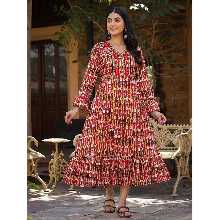 Juniper Maroon Ikat Printed Cotton Midi Dress with Embroidered Neckline