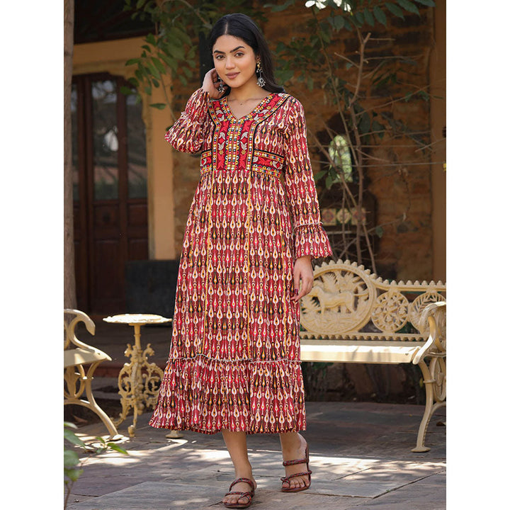 Juniper Maroon Ikat Printed Cotton Midi Dress with Embroidered Neckline