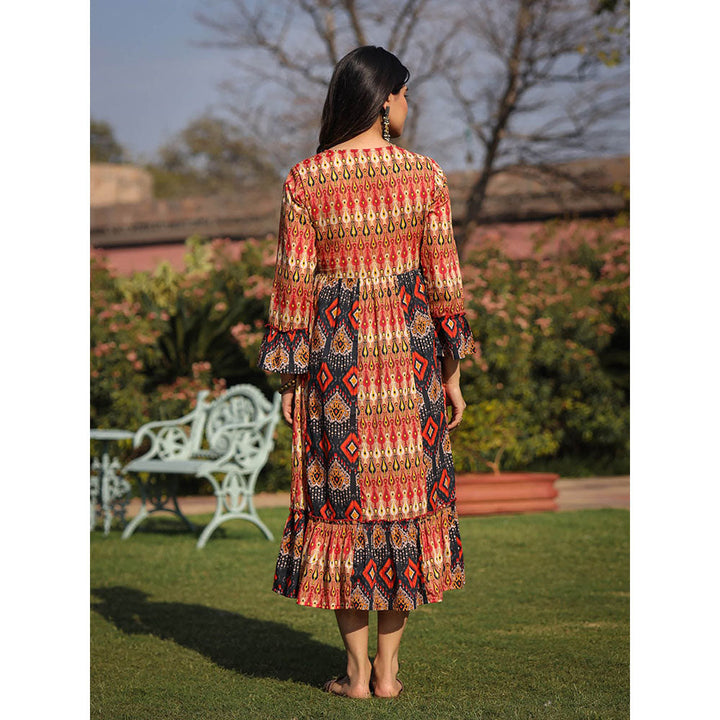 Juniper Rust Ikat Printed Cotton Midi Dress with Embroidered Neckline