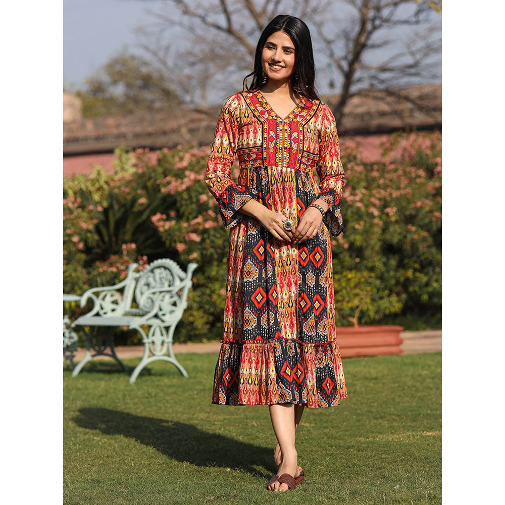 Juniper Rust Ikat Printed Cotton Midi Dress with Embroidered Neckline