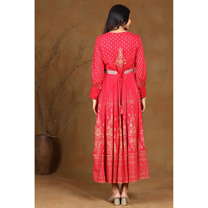 Juniper Fuchsia Pink Ethnic Motif Printed Rayon Flared Maxi Dress with Belt (Set of 2)