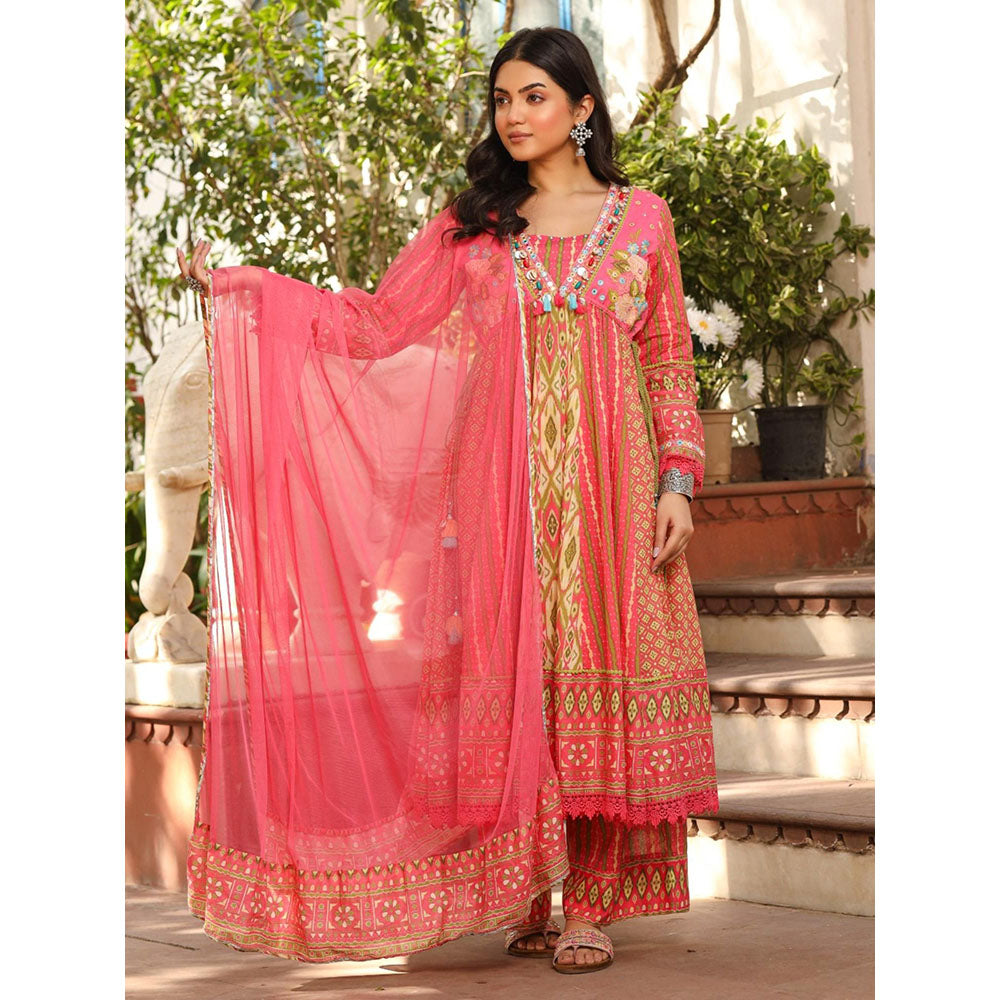 Juniper Pink Tassels Embroidery Cotton Ikat Alia Cut Anarkali, Pant and Dupatta (Set of 3)