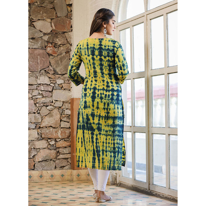 KAAJH Green & Navy Blue Tie Dye Cotton Casual Kurta