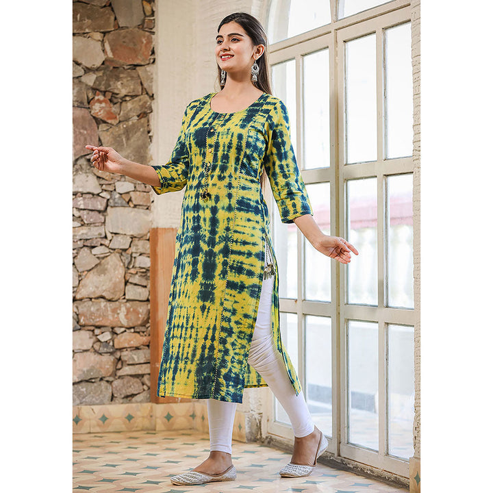 KAAJH Green & Navy Blue Tie Dye Cotton Casual Kurta