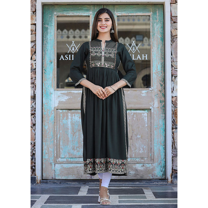 KAAJH Rayon Printed Dark Green Side Slit Long Ethnic Kurta