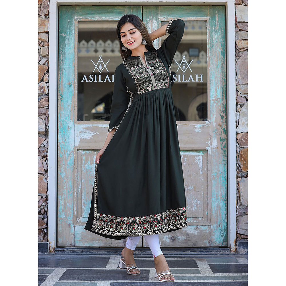 KAAJH Rayon Printed Dark Green Side Slit Long Ethnic Kurta