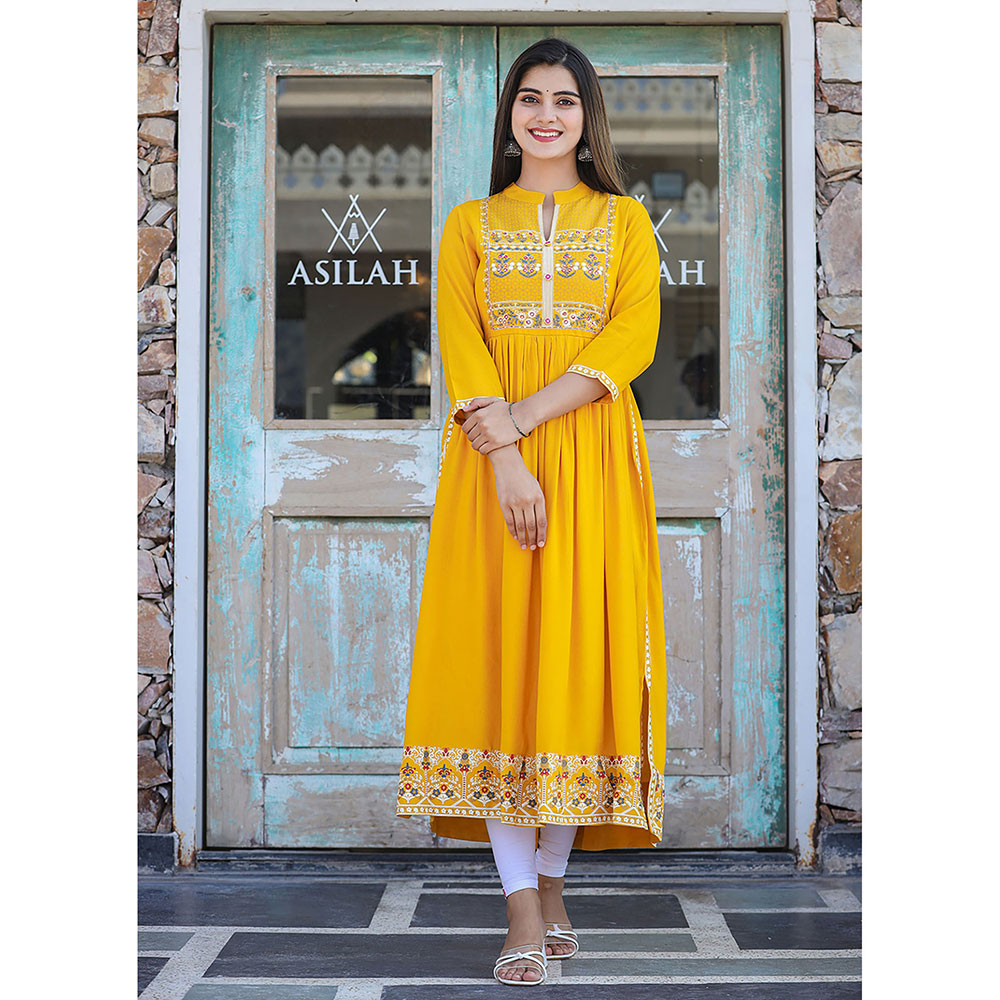 KAAJH Rayon Printed Yellow Side Slit Long Ethnic Kurta