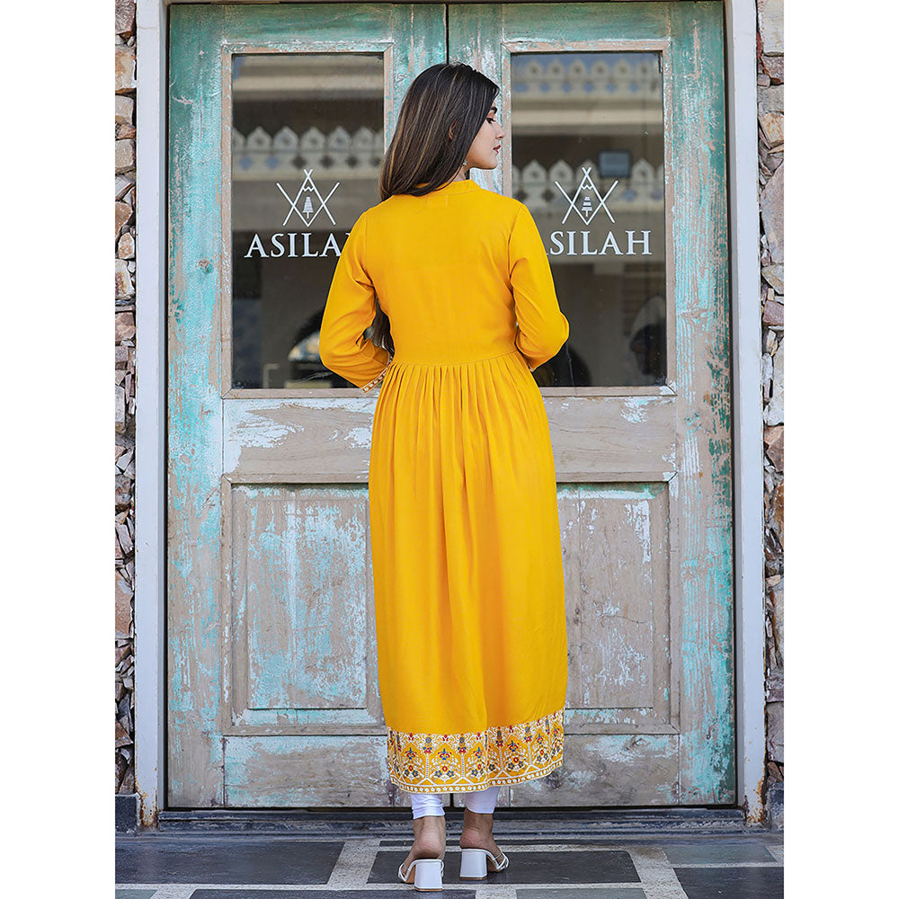 KAAJH Rayon Printed Yellow Side Slit Long Ethnic Kurta