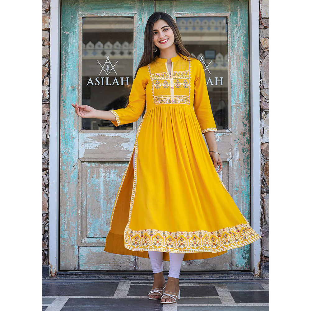 KAAJH Rayon Printed Yellow Side Slit Long Ethnic Kurta