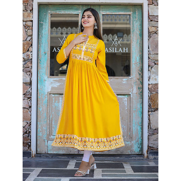 KAAJH Rayon Printed Yellow Side Slit Long Ethnic Kurta