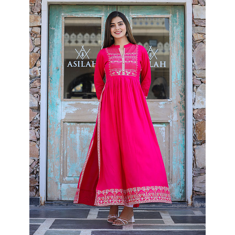 KAAJH Rayon Printed Pink Side Slit Long Ethnic Kurta