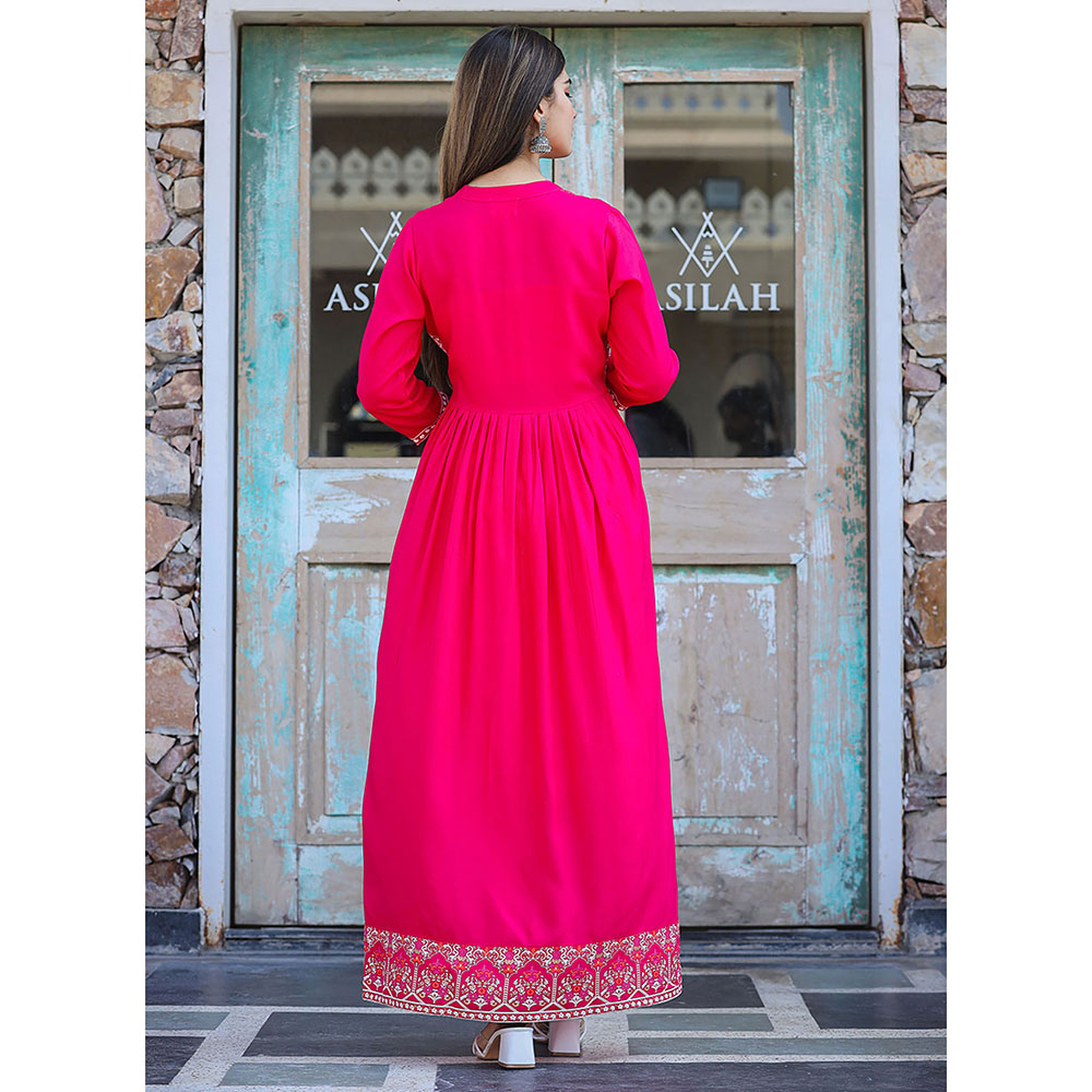 KAAJH Rayon Printed Pink Side Slit Long Ethnic Kurta