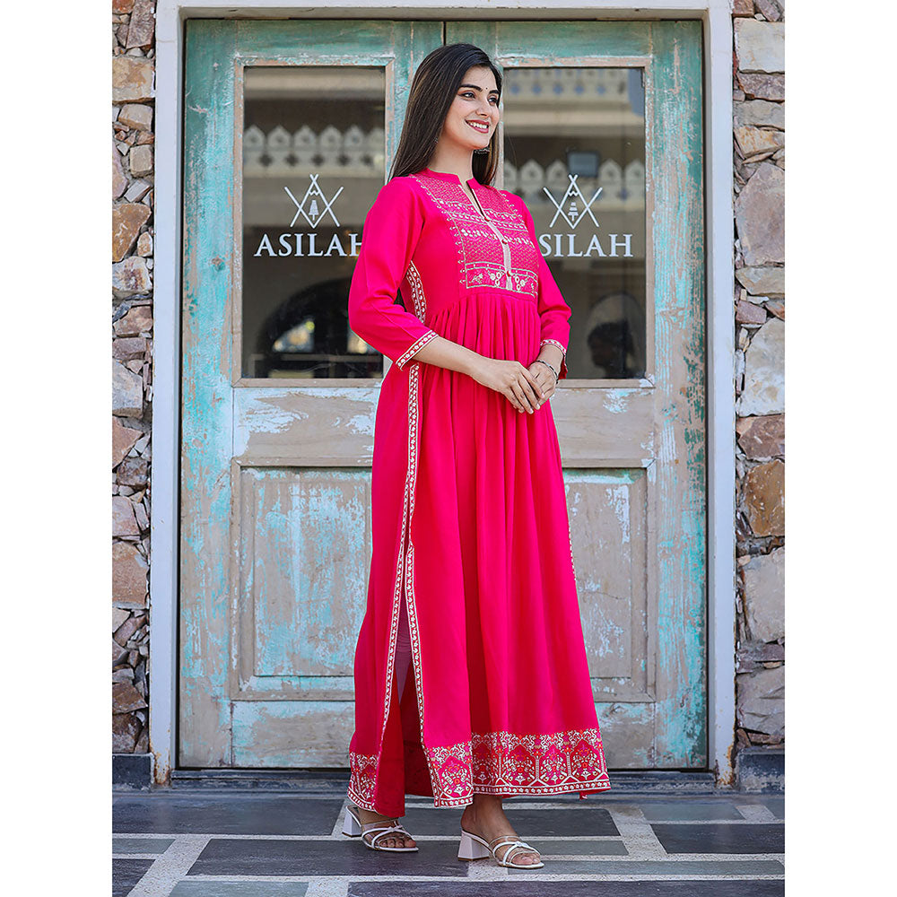 KAAJH Rayon Printed Pink Side Slit Long Ethnic Kurta