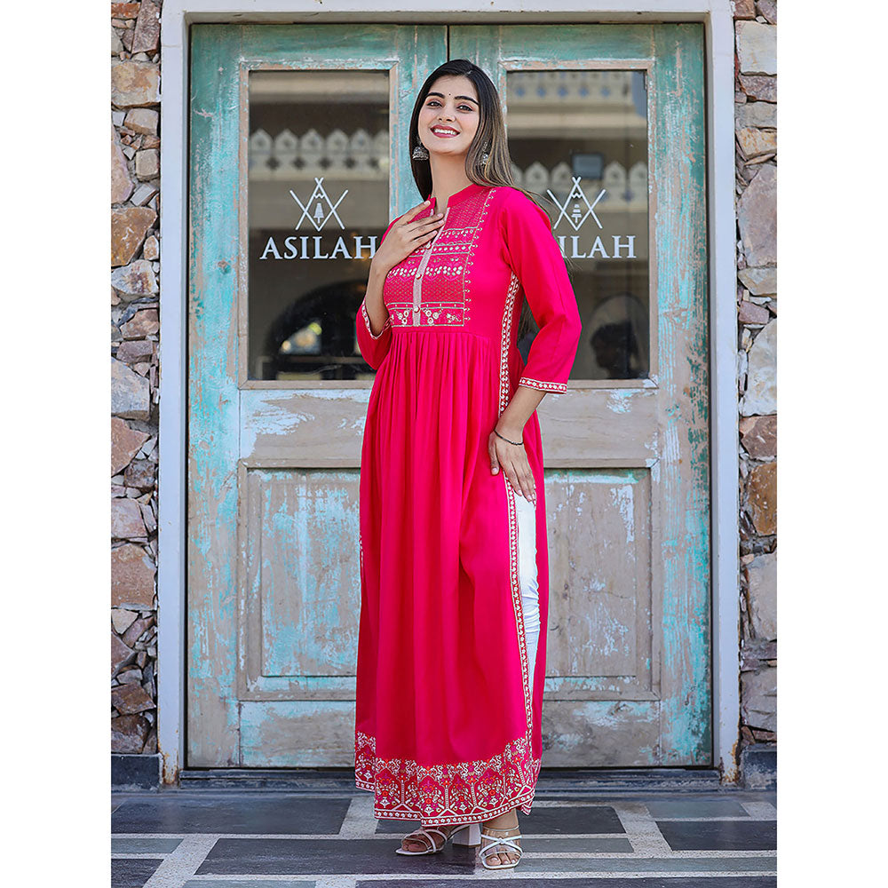 KAAJH Rayon Printed Pink Side Slit Long Ethnic Kurta