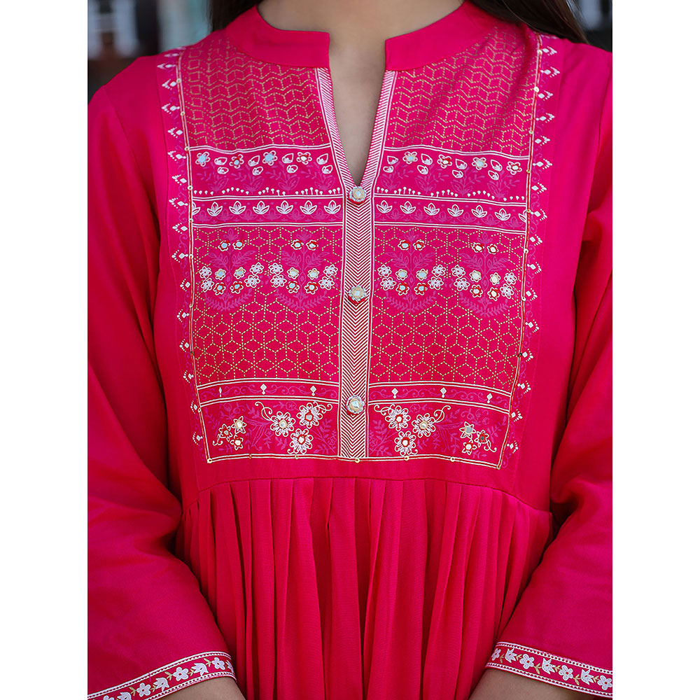 KAAJH Rayon Printed Pink Side Slit Long Ethnic Kurta