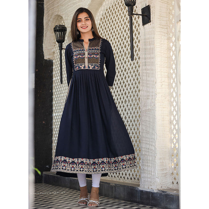 KAAJH Rayon Printed Navy Blue Side Slit Long Ethnic Kurta