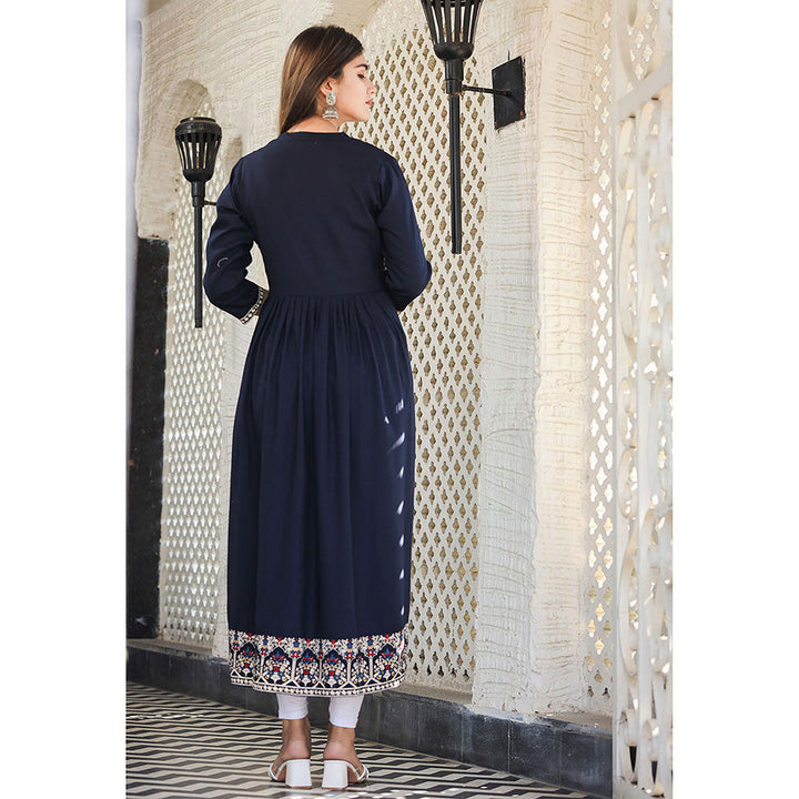 KAAJH Rayon Printed Navy Blue Side Slit Long Ethnic Kurta