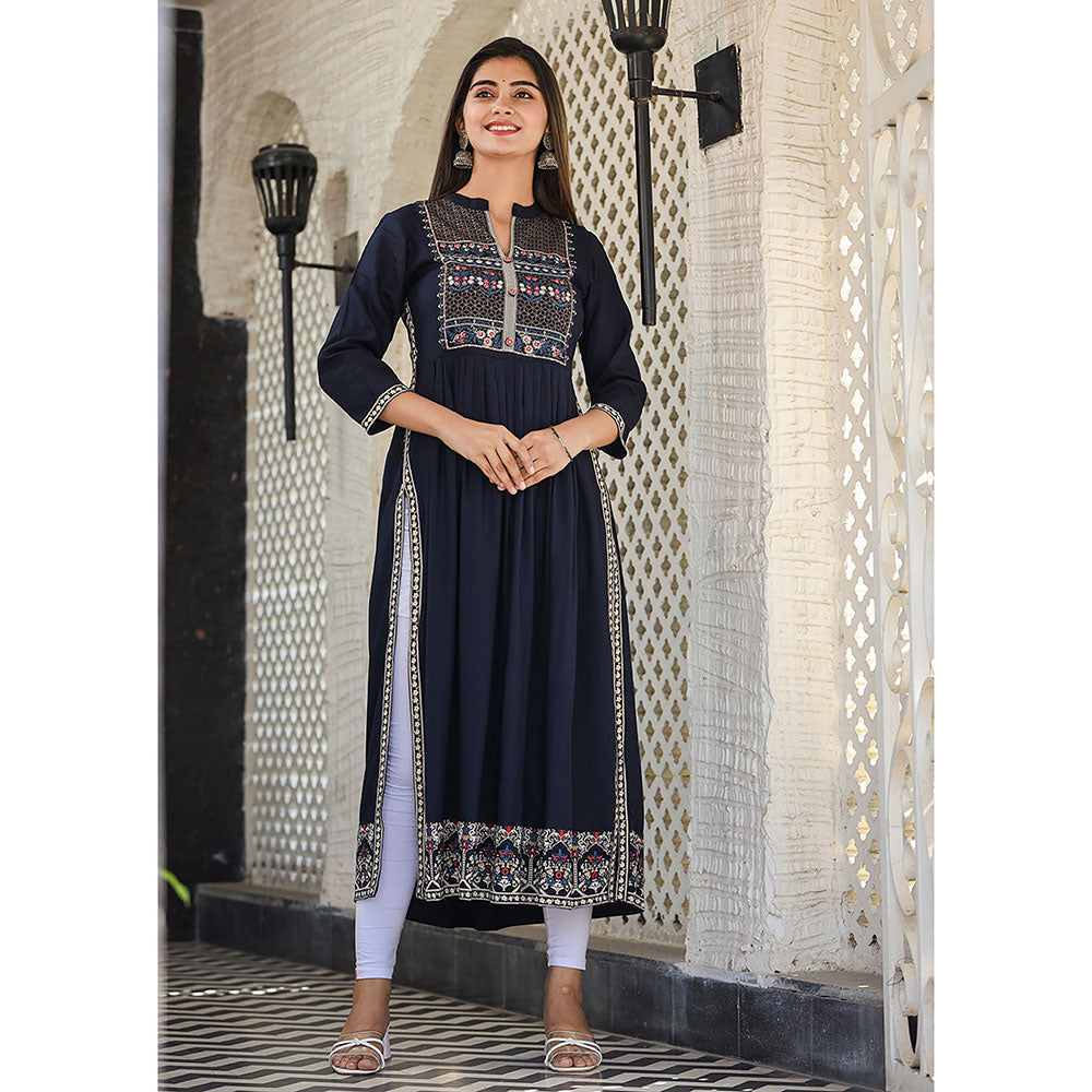 KAAJH Rayon Printed Navy Blue Side Slit Long Ethnic Kurta