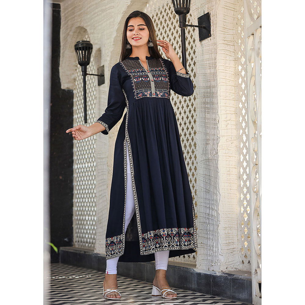 KAAJH Rayon Printed Navy Blue Side Slit Long Ethnic Kurta