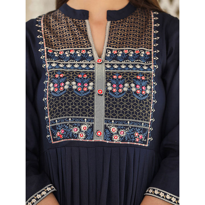 KAAJH Rayon Printed Navy Blue Side Slit Long Ethnic Kurta