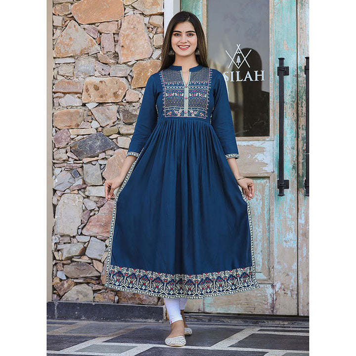 KAAJH Rayon Printed Teal Side Slit Long Ethnic Kurta