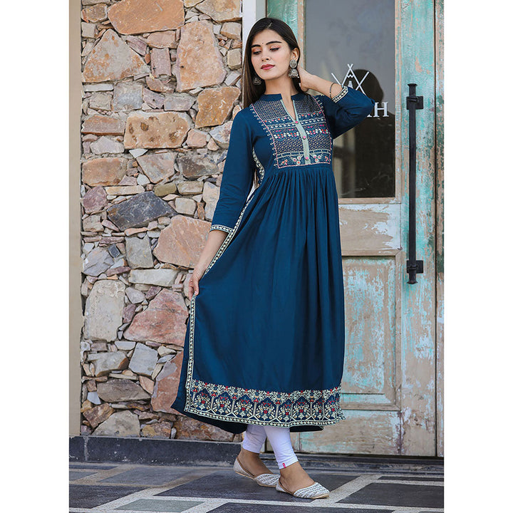 KAAJH Rayon Printed Teal Side Slit Long Ethnic Kurta