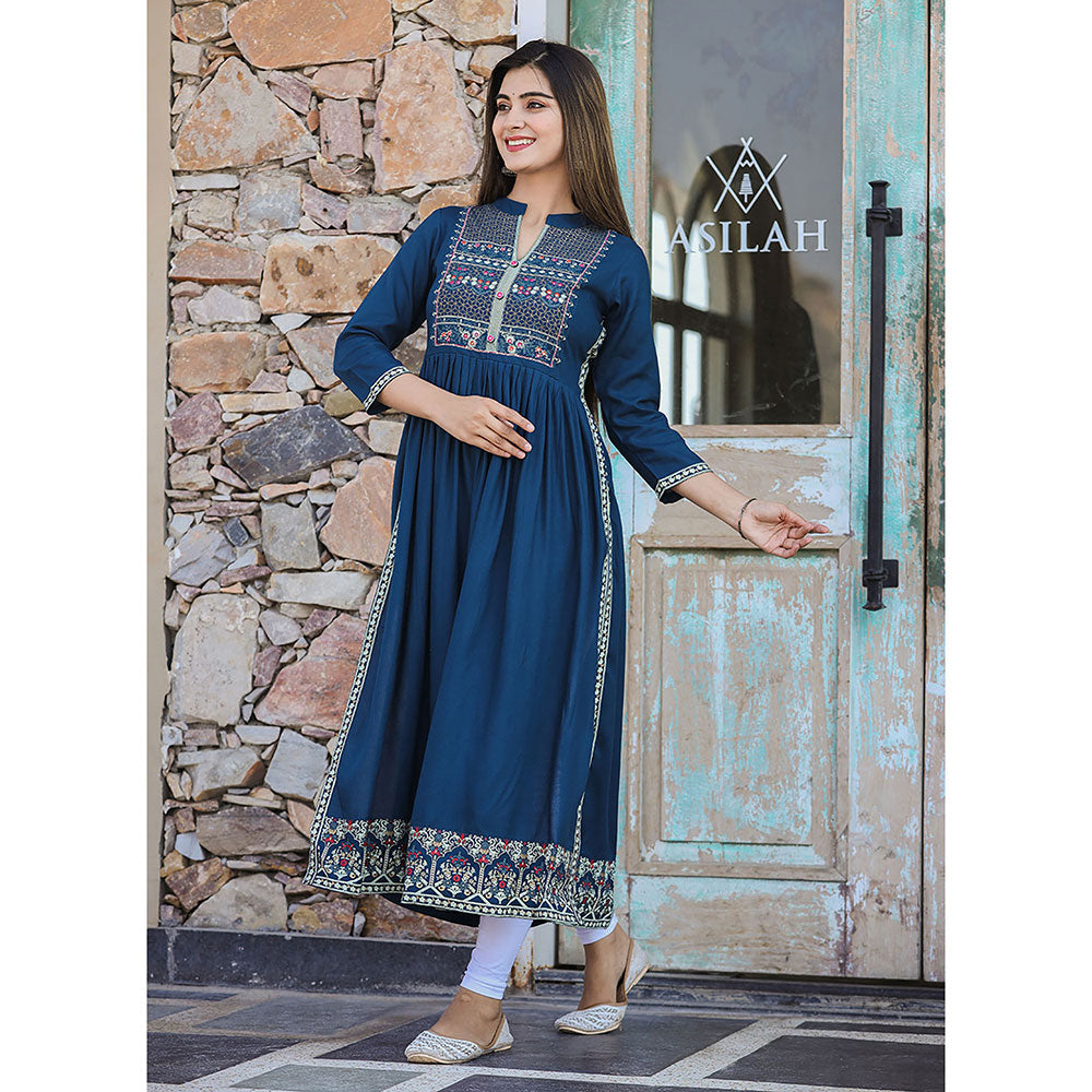 KAAJH Rayon Printed Teal Side Slit Long Ethnic Kurta