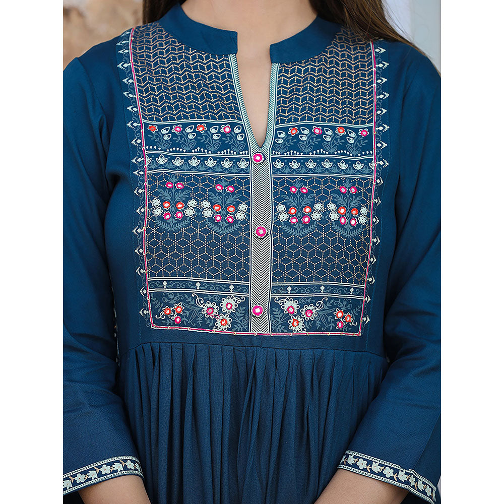 KAAJH Rayon Printed Teal Side Slit Long Ethnic Kurta