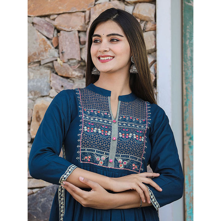 KAAJH Rayon Printed Teal Side Slit Long Ethnic Kurta