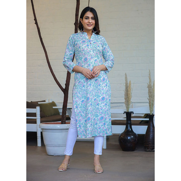 KAAJH Sky Blue Floral Print Cotton Casual Kurta