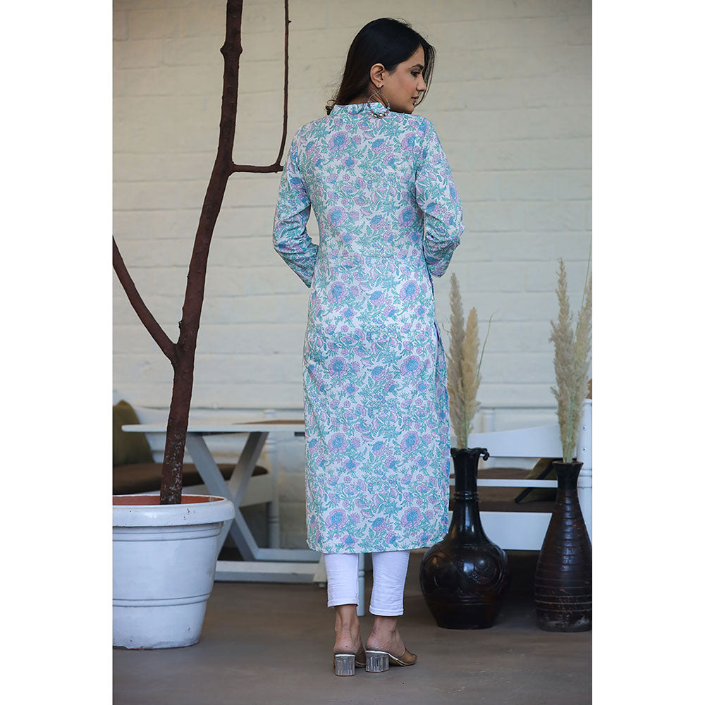 KAAJH Sky Blue Floral Print Cotton Casual Kurta