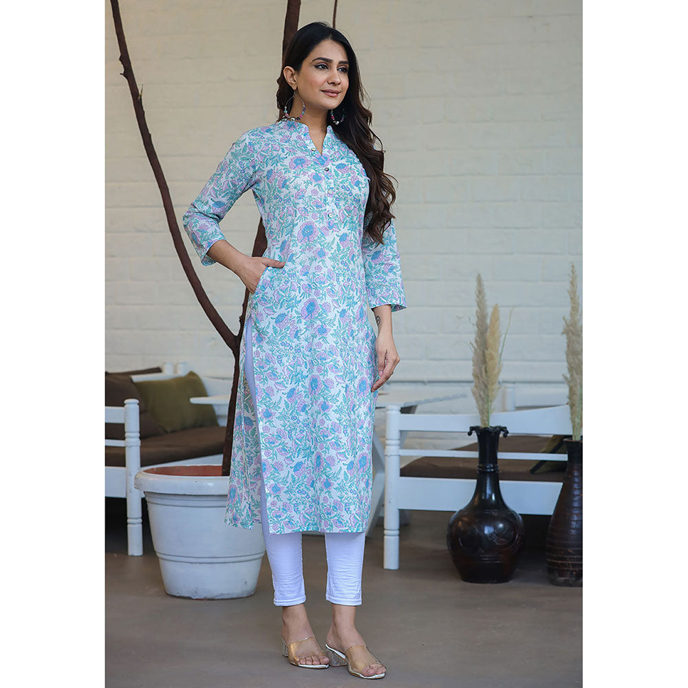 KAAJH Sky Blue Floral Print Cotton Casual Kurta