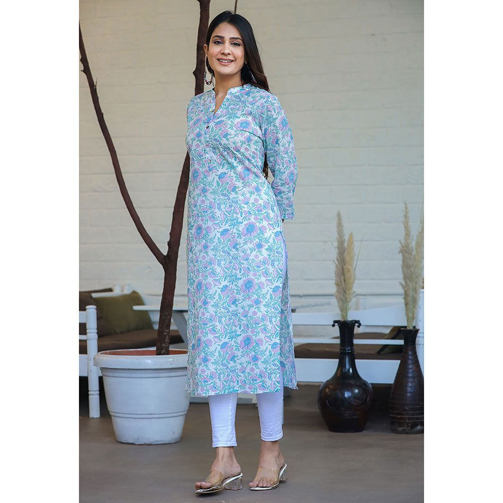 KAAJH Sky Blue Floral Print Cotton Casual Kurta