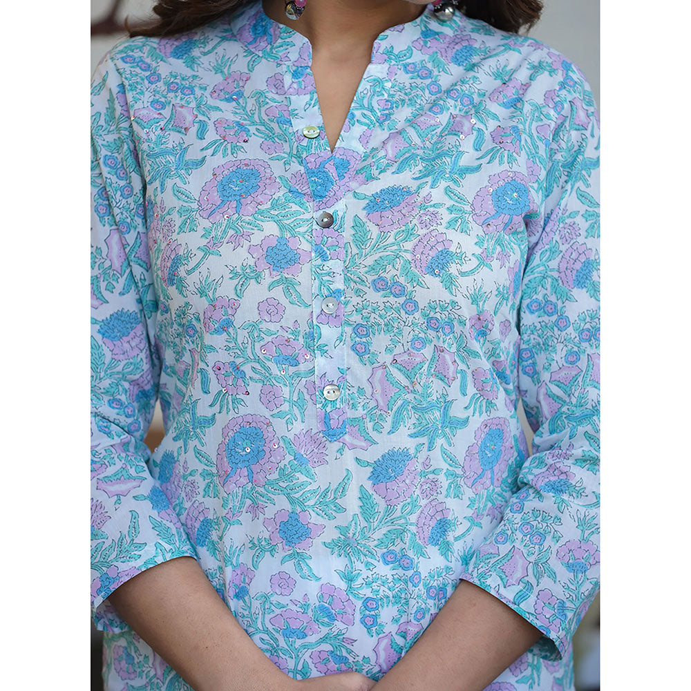 KAAJH Sky Blue Floral Print Cotton Casual Kurta