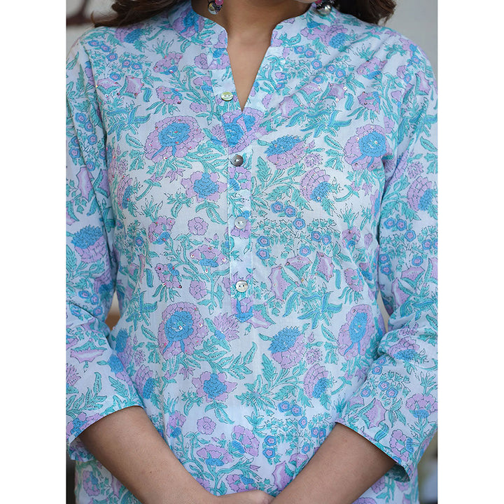 KAAJH Sky Blue Floral Print Cotton Casual Kurta